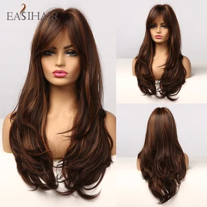 EASIHAIR Long Brown Wavy Wig with Bangs Synthetic Wigs for Women Blonde Highlight Natural Hair Wigs Heat Resistant Fiber Wigs