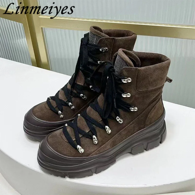 

Cow Suede Thick Sole Short Boots Women Round Toe Cross-tied String Bead Knight Boots High Quality Comfort Ankle Boots Woman