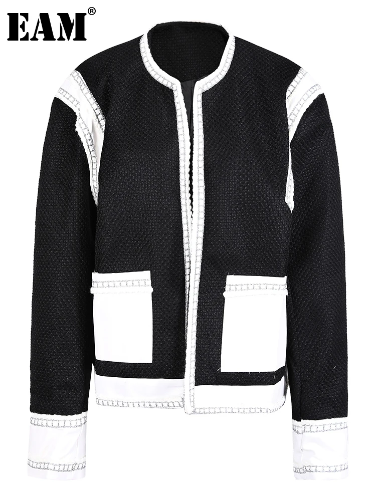 

[EAM] Loose Fit Black Color-block Big Size Jacket New O-neck Long Sleeve Women Coat Fashion Tide Spring Autumn 2023 1DH1517