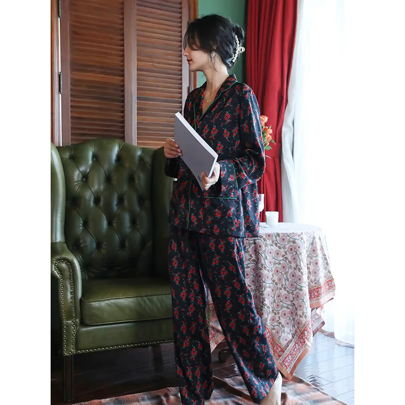 Maison Gabrielle 2022 Spring Summer New Floral Printed Pajamas Set Loungewear Sleepwear for Women 2 Pieces Long Sleeve Satin