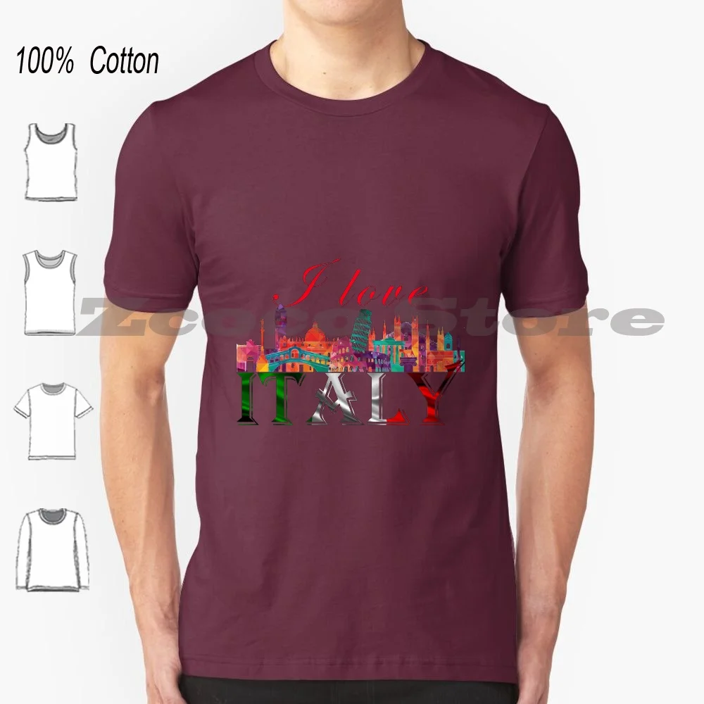 I Love Italy T-Shirt 100% Cotton Men Women Personalized Pattern Pantheon In Colosseum Leaning Tower Cathedral Text