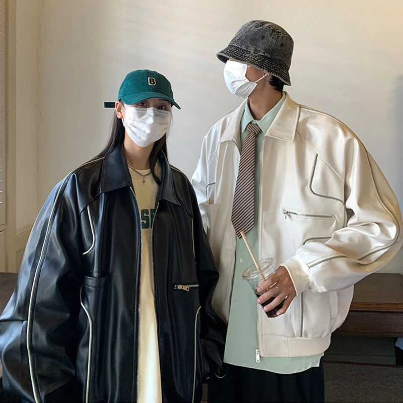 

Куртка женская кожаная однотонная в стиле хип-хоп, уличный Свободный Топ из искусственной кожи в американском ретро стиле, Байкерский пиджак для пар, весна-осень