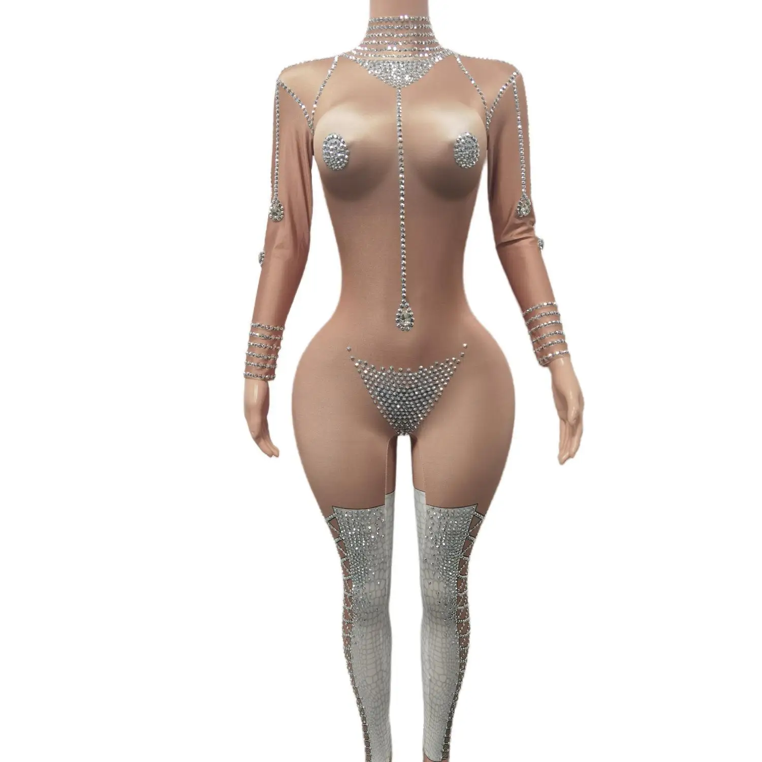 Женский Блестящий женский комбинезон сексуальный облегающий костюм телесного