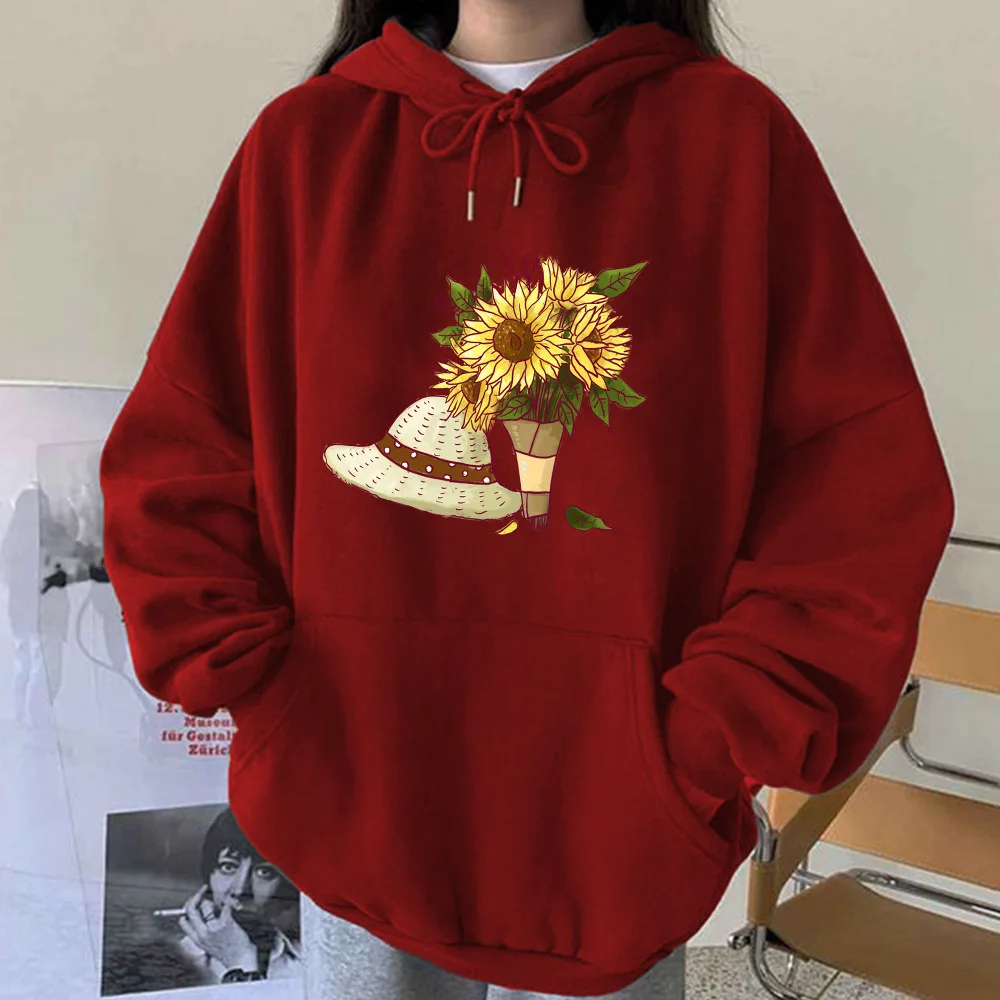 Dating Sweatshirt Women's Sunflower Straw Hat Print Cartoon Hoodie Off-the-shoulder Warm Hooded Sweatshirt  Christmas Dating