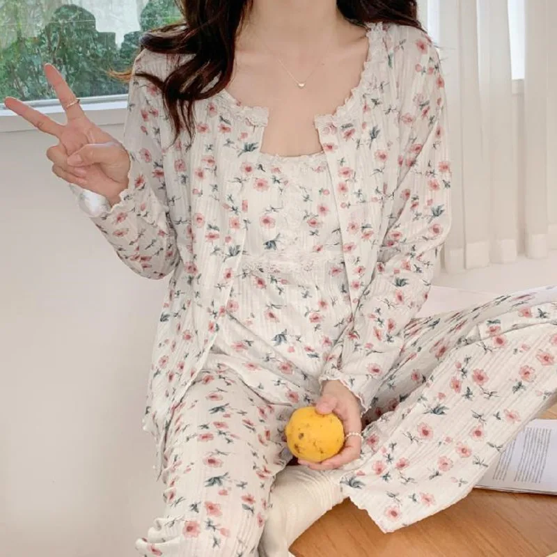 3pcs Pajamas Set Women Cotton Long Sleeve Floral Sleepwear Night Suit Cute Sweet Spring Autumn Print Home Wear Sleepwear Female