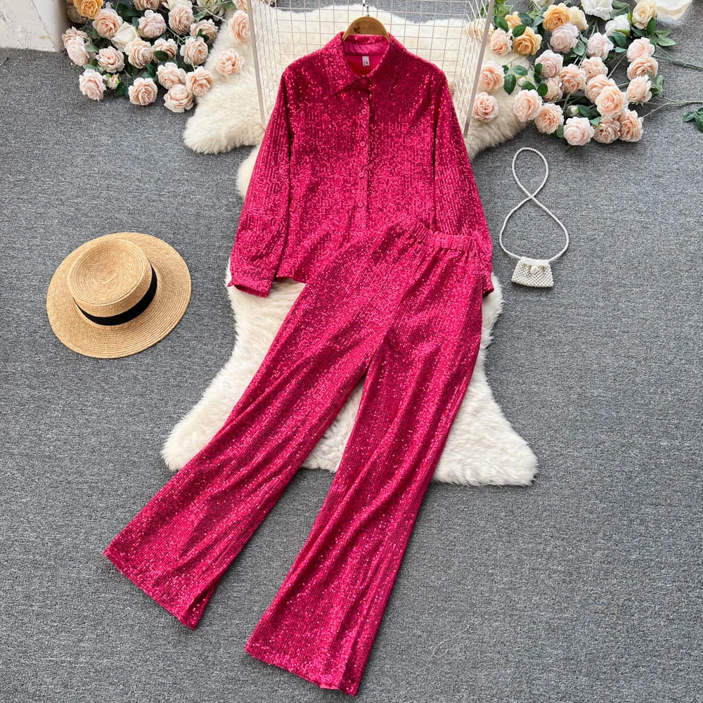 Trendy Sequined Sports Knit Suit Women's Spring and Autumn New Lazy Lapel Shirt + Shiny Wide-leg Trousers Two-piece Trendy