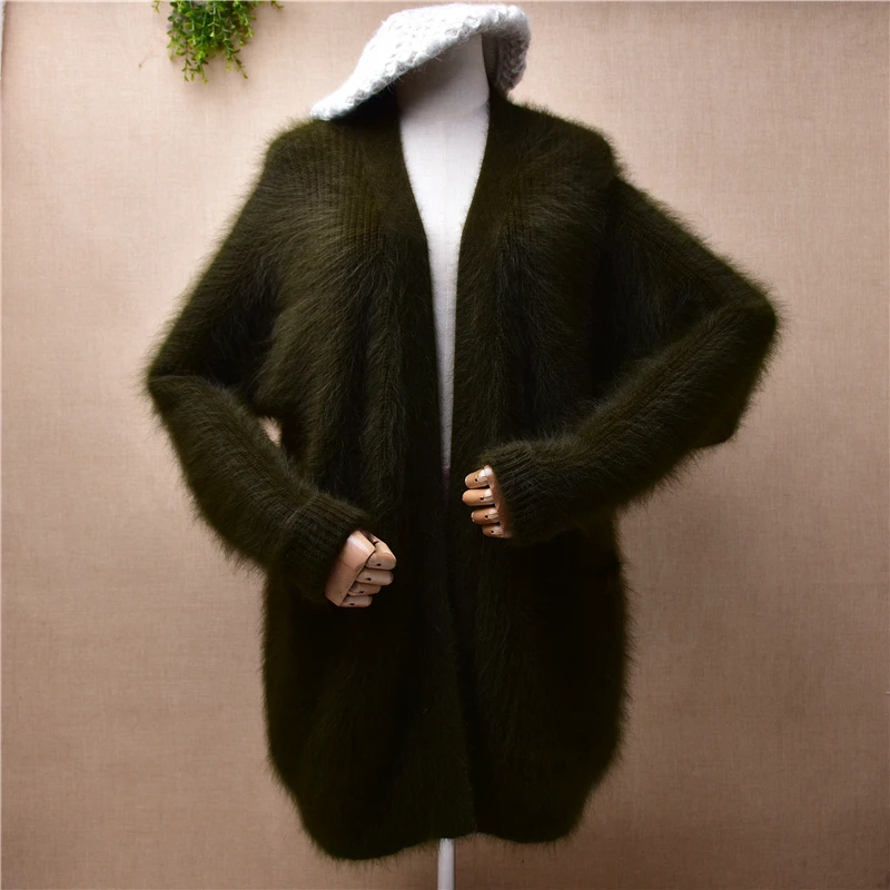 

ladies women fashion green hairy plush mink cashmere knitted long sleeves loose cardigan mantle angora fur coat sweater pull top
