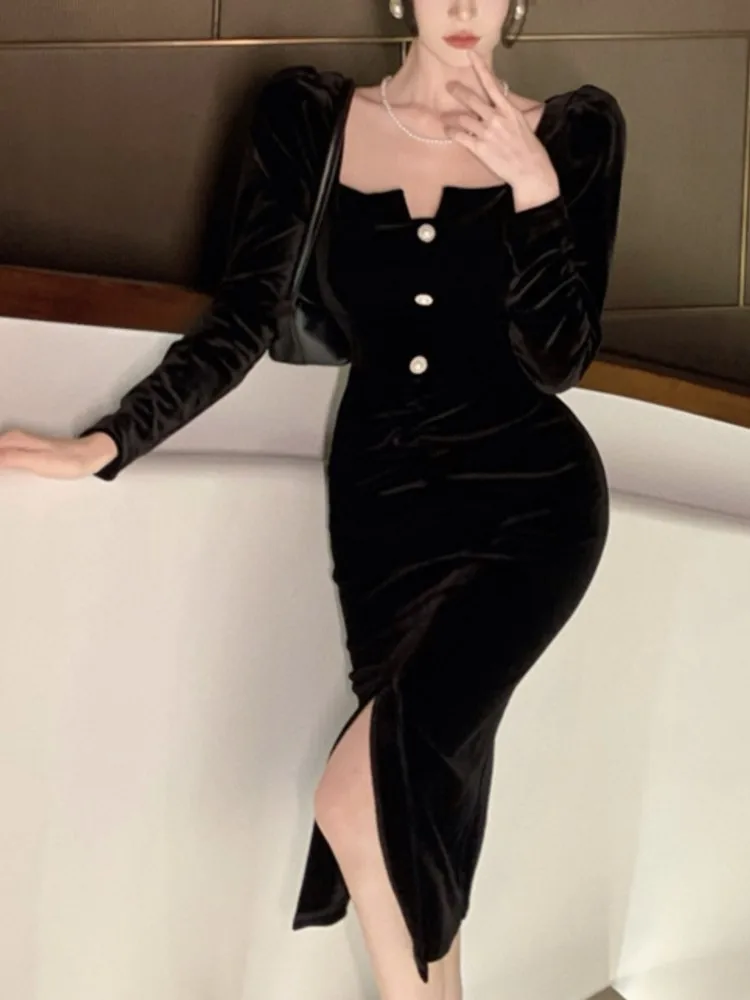 Сексуальное винтажное бархатное черное платье для женщин осеннее облегающее