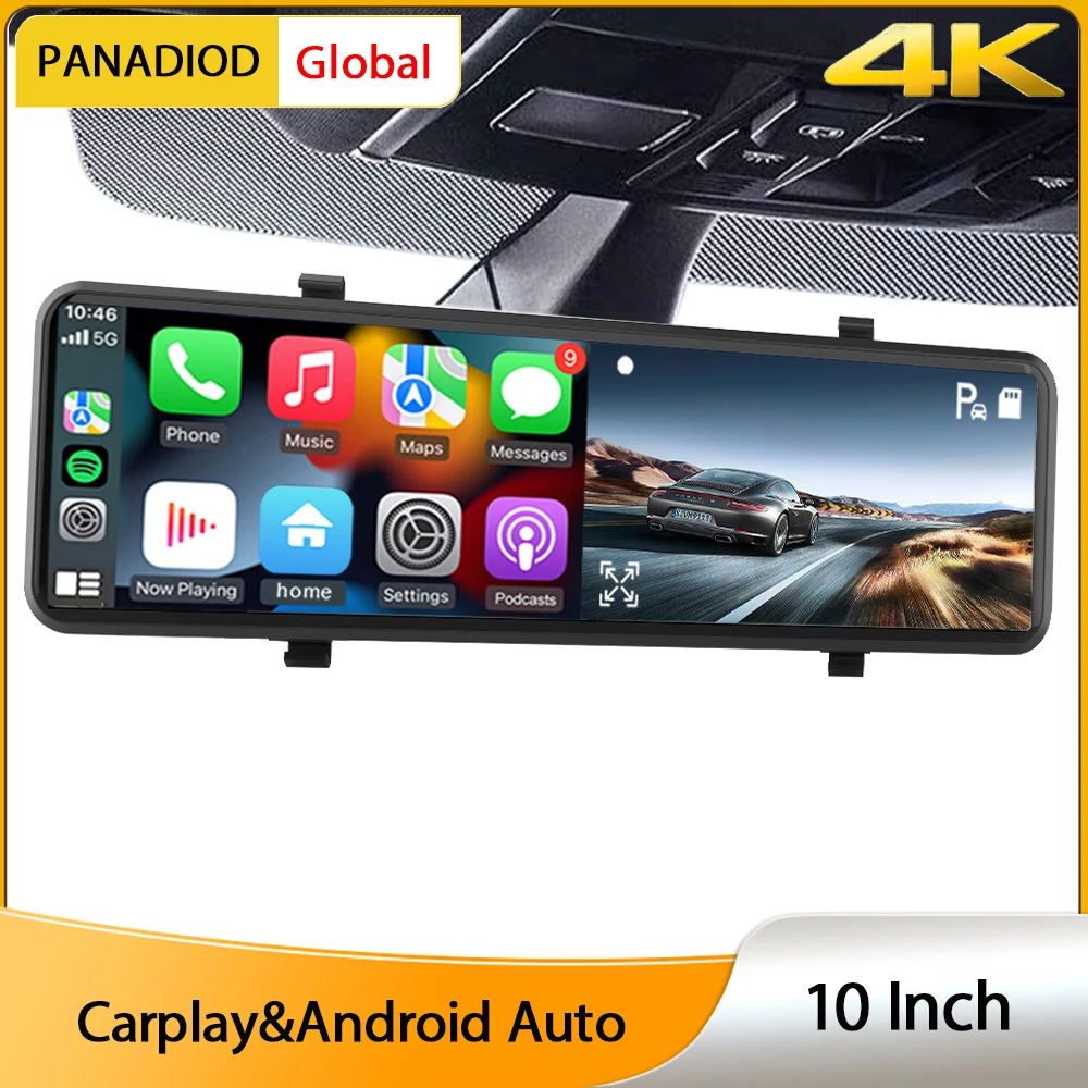 10-дюймовый автомобильный видеорегистратор 4K Dash Camera Carplay & Android Auto Mirror Video Recording FM Transmiter Wireless Connection Night Vision On.