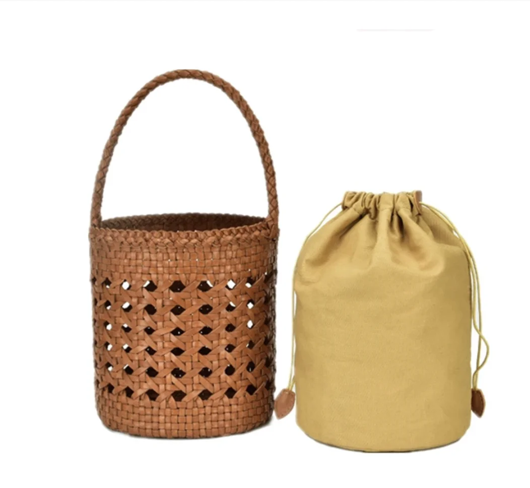 

Women Brand Woven bag 100% first layer cowhide hollow bucket bag Beach Tote Girls Shopping Bags