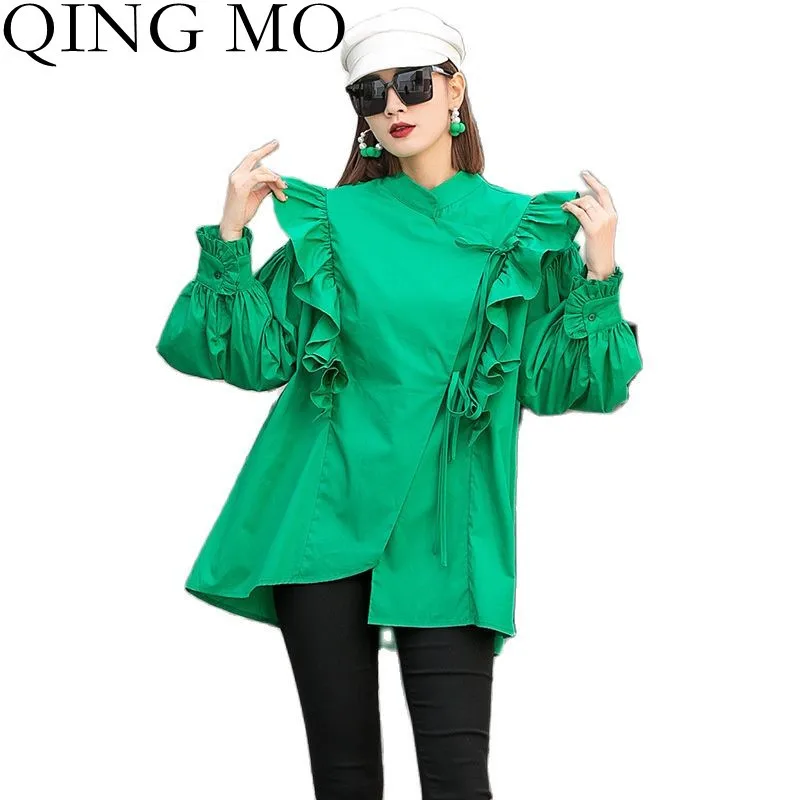 

Женская Асимметричная рубашка QING MO, свободная приталенная однотонная блузка с воротником-стойкой и оборками, зеленая блузка, весна 2022