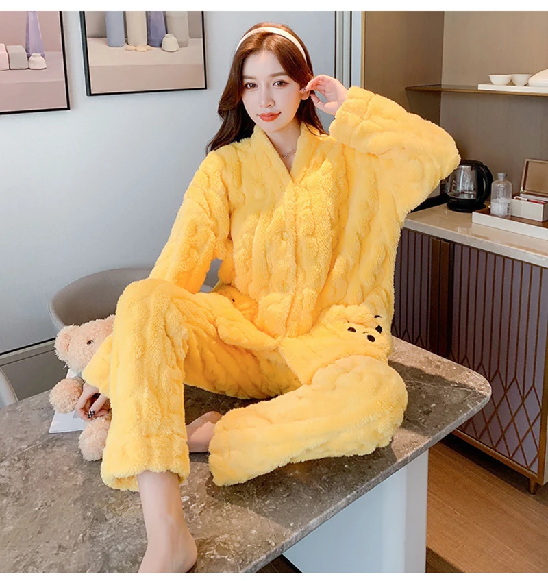 Girl's Winter Warm V-Neck Button Type Two Piece  Home Suit With Pockets Polyester Comfortable Slim Fit Sleepwear