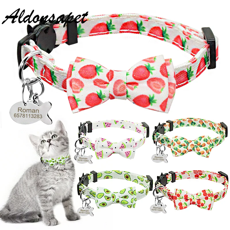 

Cute Bowtie Cat Collar Personalized ID Name Fish Tag Cat Collar Bell Necklace Custom Engraved Nameplate Fruit Bowknot Cat Collar