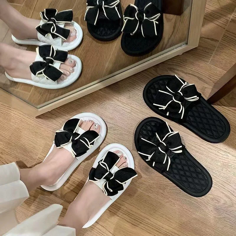 

Koovan Women Slippper Bownet 2023 Bow Satin Soft Bottom Slippers Antiskid Flats Outside Cool Wear Slippers Home Sandals Girls