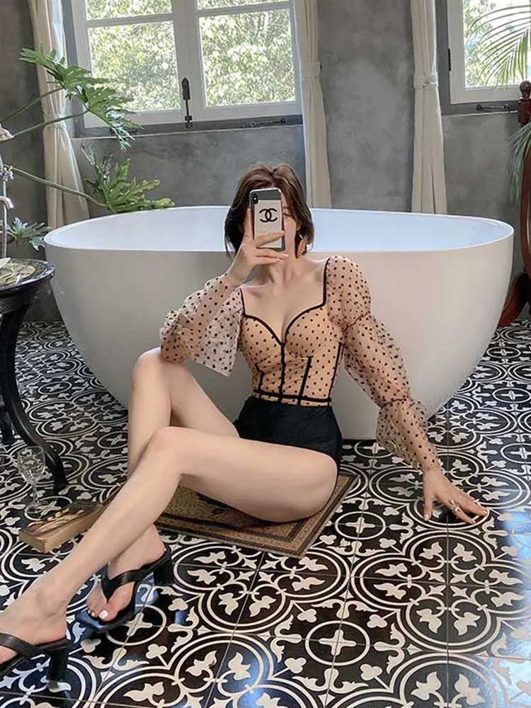 Цельный купальный костюм с длинным рукавом женская одежда для плавания в горошек