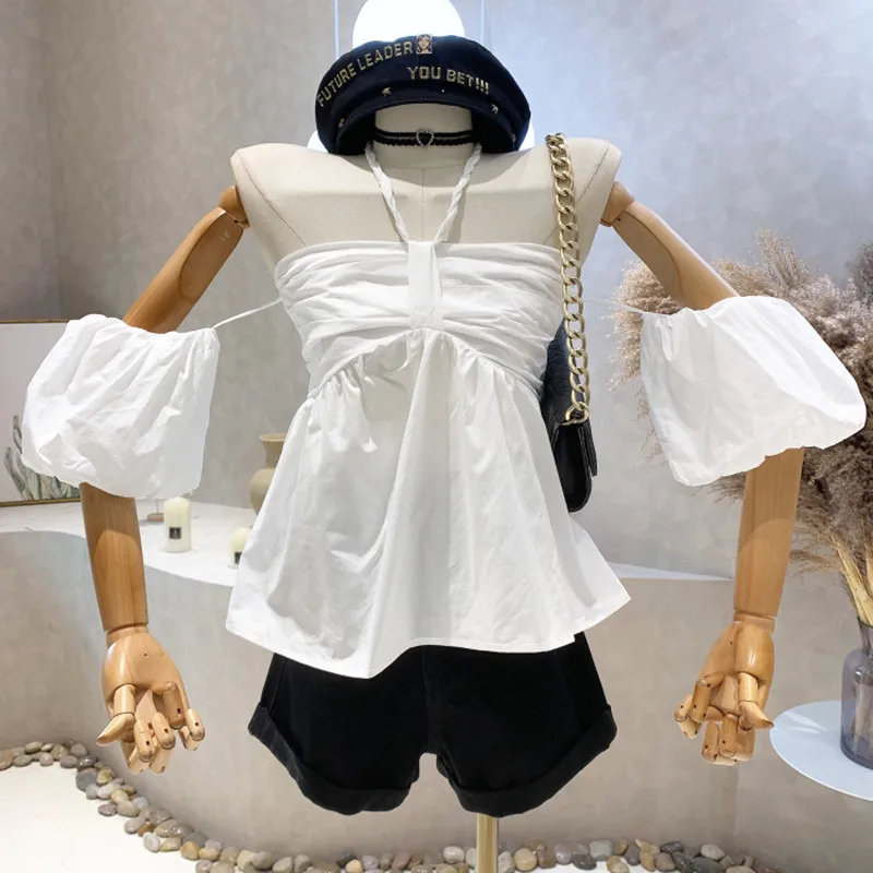 

Niche Design New Women's Clothing 2022 Summer Design Wrap Chest Pullover Puff Sleeve Off Shoulder Fold Shirt Top Blusa Feminina
