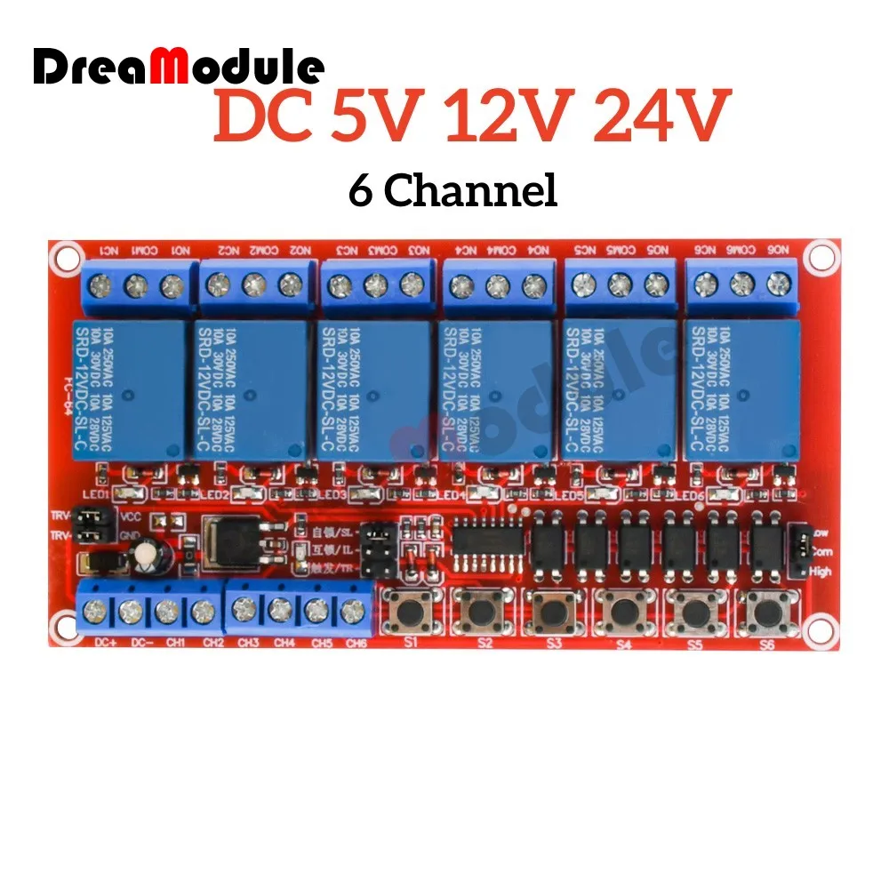 

Релейный модуль, 6 каналов, 5 В, 12 В, 24 дюйма, плата релейного модуля со стандартным триггером высокого и низкого уровня для Arduino