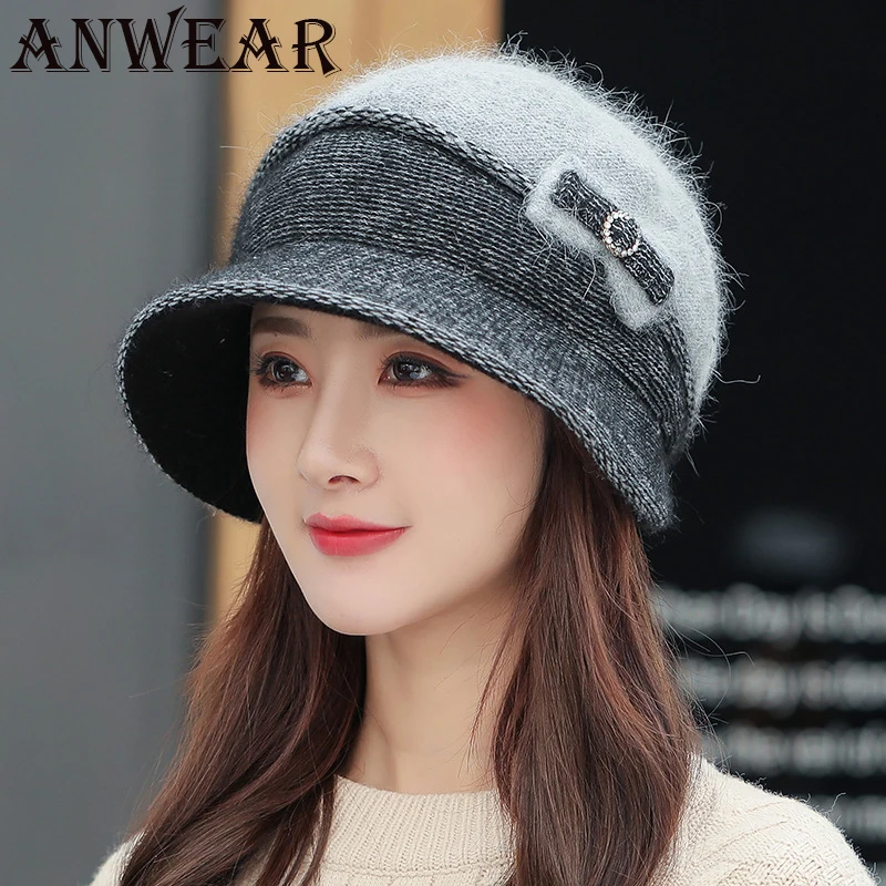

Rabbit Fur Fleece Winter Hat Beanies Women's Hat Scarf Warm Breathable Wool Knitted Hat For Women Double Layers Protection Caps