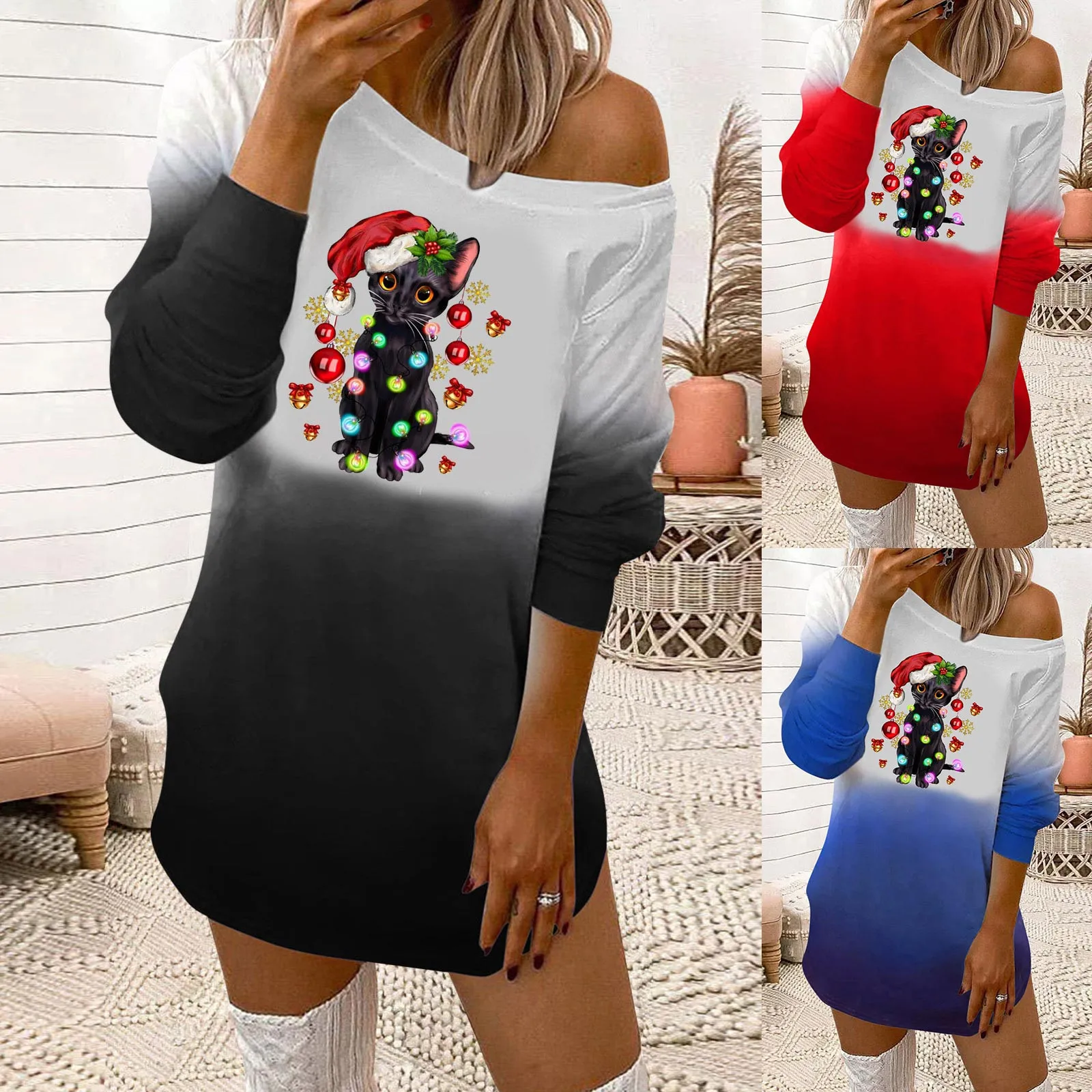 

Womens Fashion Casual Merry Christmas Prints O Neck Off Shoulder Long Sleeves Sweatshirts Dress Casual Short Sleeve Dress