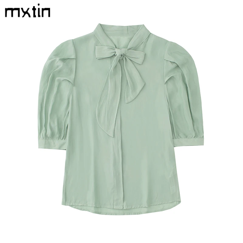 

2022 Women Summer Fashion Solid Bow Tie Single Breasted Blouses Vintage Short Sleeve Female Casual Shirts Chic Tops Vestidos