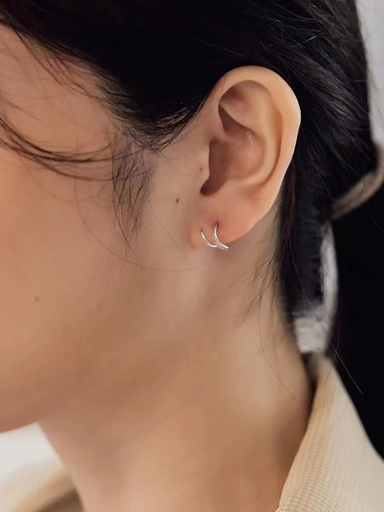 S999 Silver High-Grade Simple Wave Stud Earrings Women Sterling Square round Face Anti-Allergy Ear Care