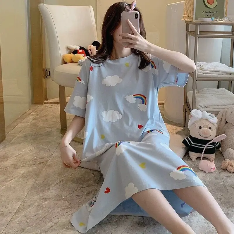 Summer Woman Cotton Nightgown Plus Size Women Nightdress Short Sleeve Polka Dot Print Nightgowns Sweet Casual Sleepwear Sleepdre