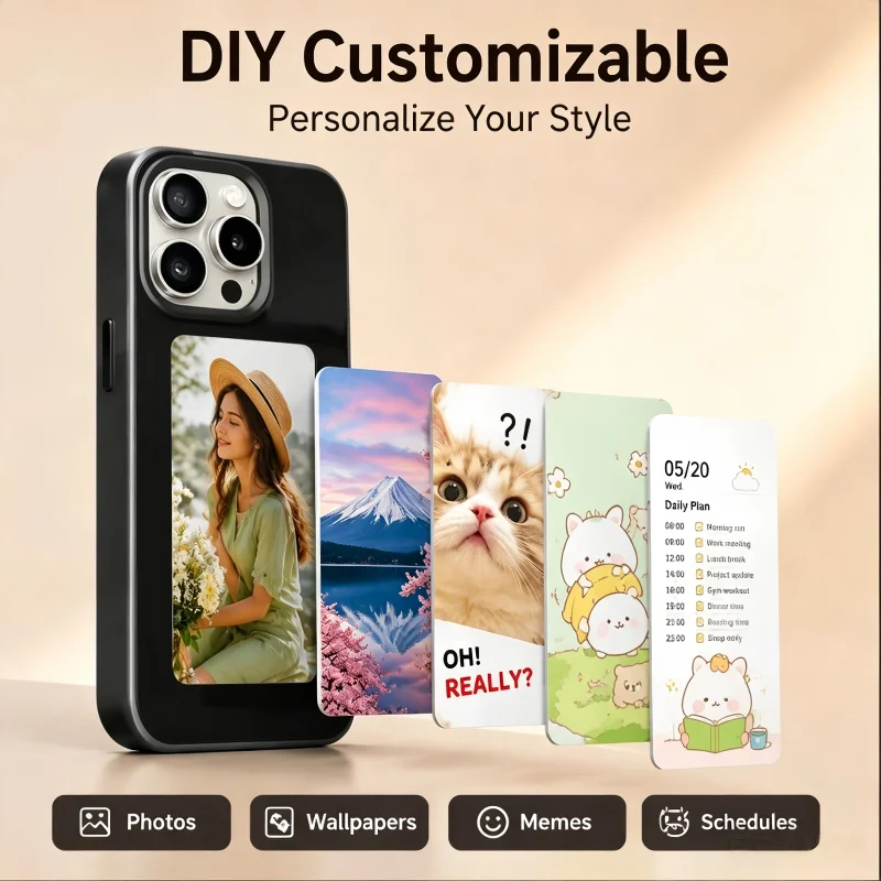 Фото Чехол для iPhone 15 14 17 Pro Max с NFC, пассивным 4-цветным E-Ink дисплеем, возможностью самостоятельной настройки фото и изображения, смена изображения одним нажатием. №2