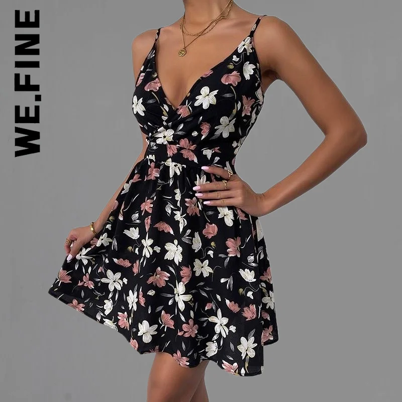 

We.Fine Women New Dress Print Sleeveless Spaghetti Strap Sexy Backless Midi Dresses Popular Holiday Robe Christmas Vestidos