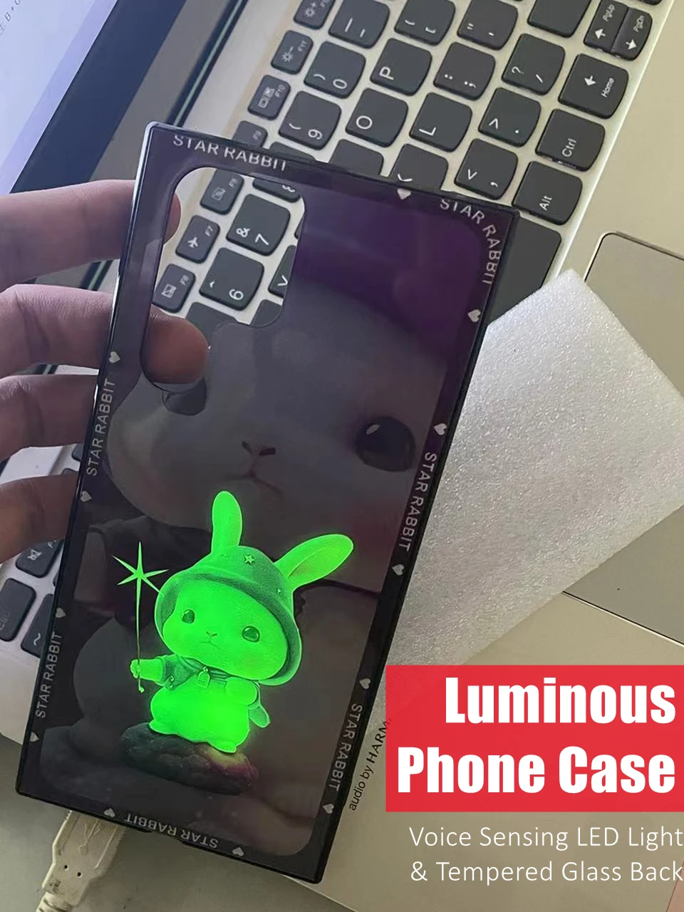 

Cute Bunny Colorful LED Light Glowing Luminous Tempered Glass Phone Case for Huawei P40 P50 P60 Mate 30 40 50 Nova 9 10 Pro Plus