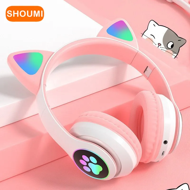 Flashing LED Cute Cat Ears Headphones Bluetooth Wireless Headset with Mic TF FM Kid Girl Stereo Music Earbud Kitten Earphon Gift