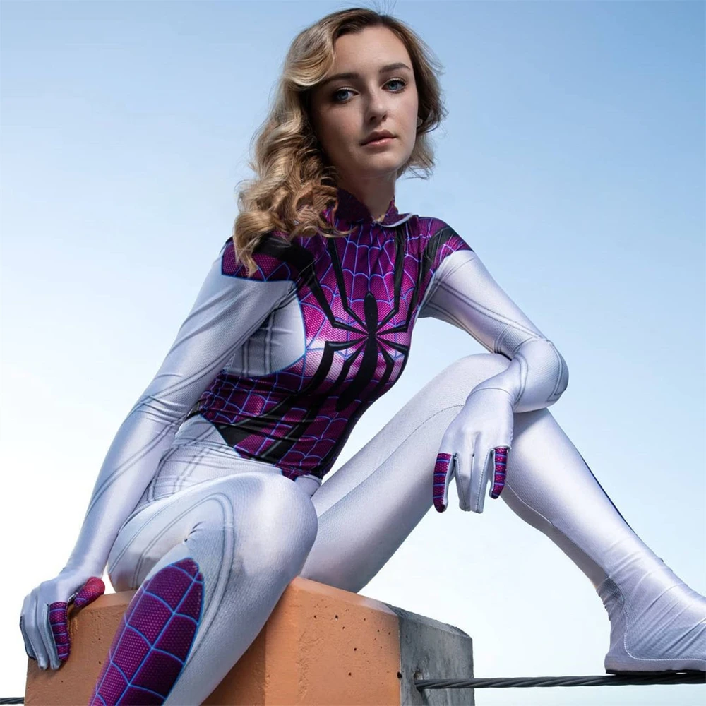 

Spider Gwen Hooded Bodysuit Woman Girl Maid Zentai Child Kid Tights Suit Super Hero Tracksuit Halloween Cosplay Costume Jumpsuit