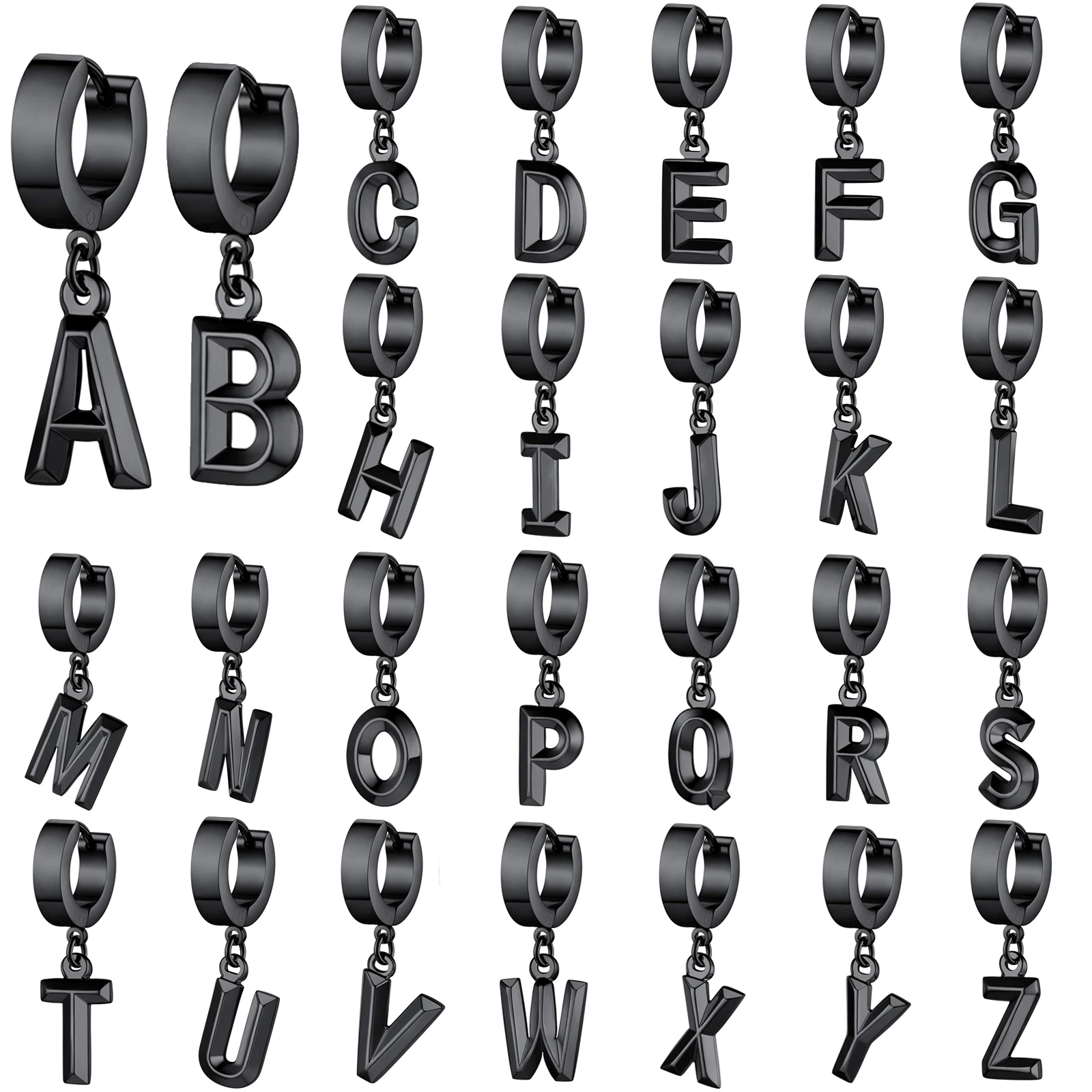 

1 Pair Cool Punk Hypoallergenic Stainless Steel Silver/Gold/Black Tone Initial Letter A-Z Dangle Drop Earrings for Women Men