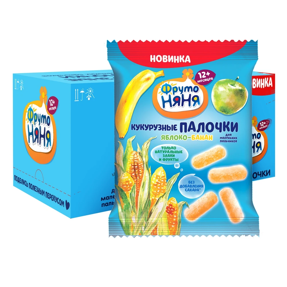 Палочки для еды Corn FrutoNyanya Apple banana с 12 месяцев 20г * 9 шт. Детское питание для мамы и ребенка, детский перекус, вкусный перекус для школы.