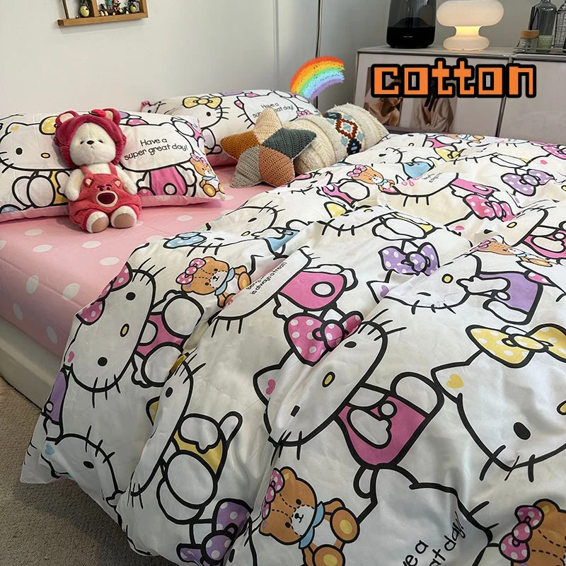 

Sanrios Hellokittys Anime Cute Cartoon Bed Sheet Quilt Cover Japanese Kawai Cotton Bedding Four-piece Set Soft and Skin-friendly