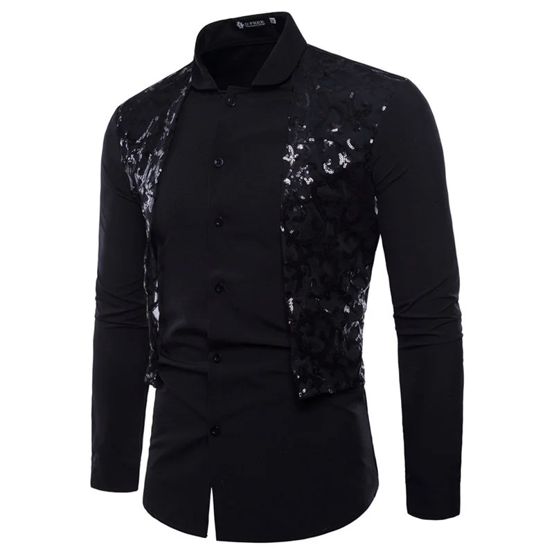 

High Quality Sequin Lace Decorative Shirts For Men Long Sleeve Casual Shirt Slim Social Party Tuxedo Business Formal Dress Shirt