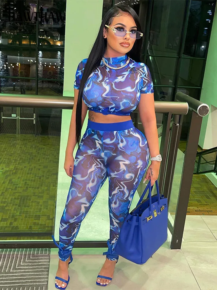 

Hawthaw Women Mesh See Through Tops T Shirt Long Pants Two Piece Sets Outfits 2022 Summer Clothes Wholesale Items For Business