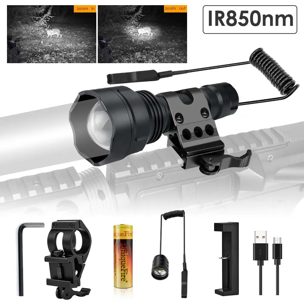 

UniqueFire 1505 IR 850NM Infrared Light LED Flashlight Set Night Vision Zoom Torch with Charger, Remote Switch, Scope Mount