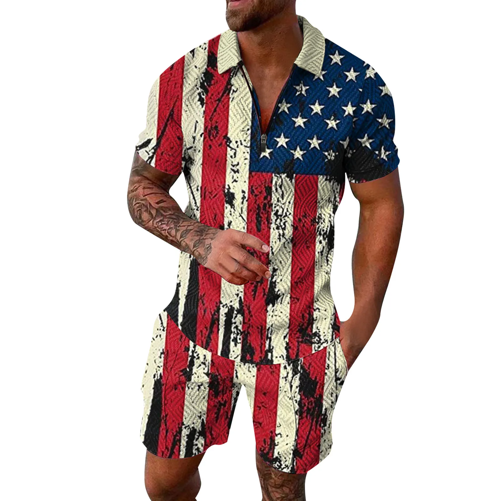 Men 4th Of July 2 Piece Suit Stripe Print Polo Shirt Breathable Shorts Male Set Ropa Hombre Streetwear Dailywear Conjuntos