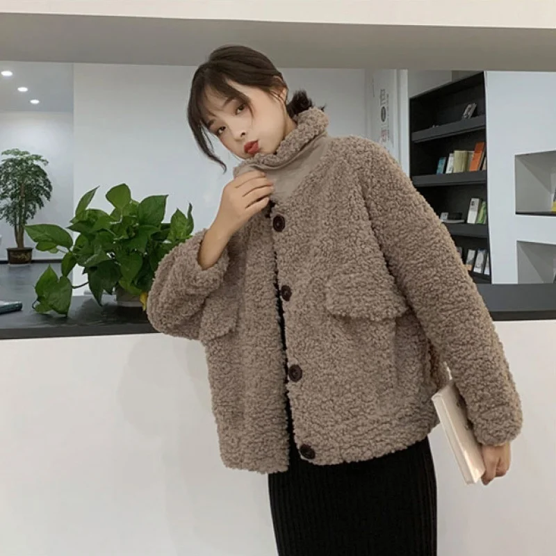 

Winter Warm Teddy Lamb Fur Jacket Coats Women Casual Single Breasted Overcoat Fluffy Cozy Turn-down Collar Fleece Outerwear