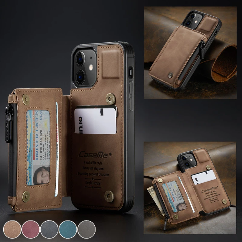 

Zipper Purse Wallet Case for IPhone 13 Pro Max 12 Mini 11 XR Xs Max X SE 2020 7 8 Plus Flip Stand Card Slots Leather Phone Cover