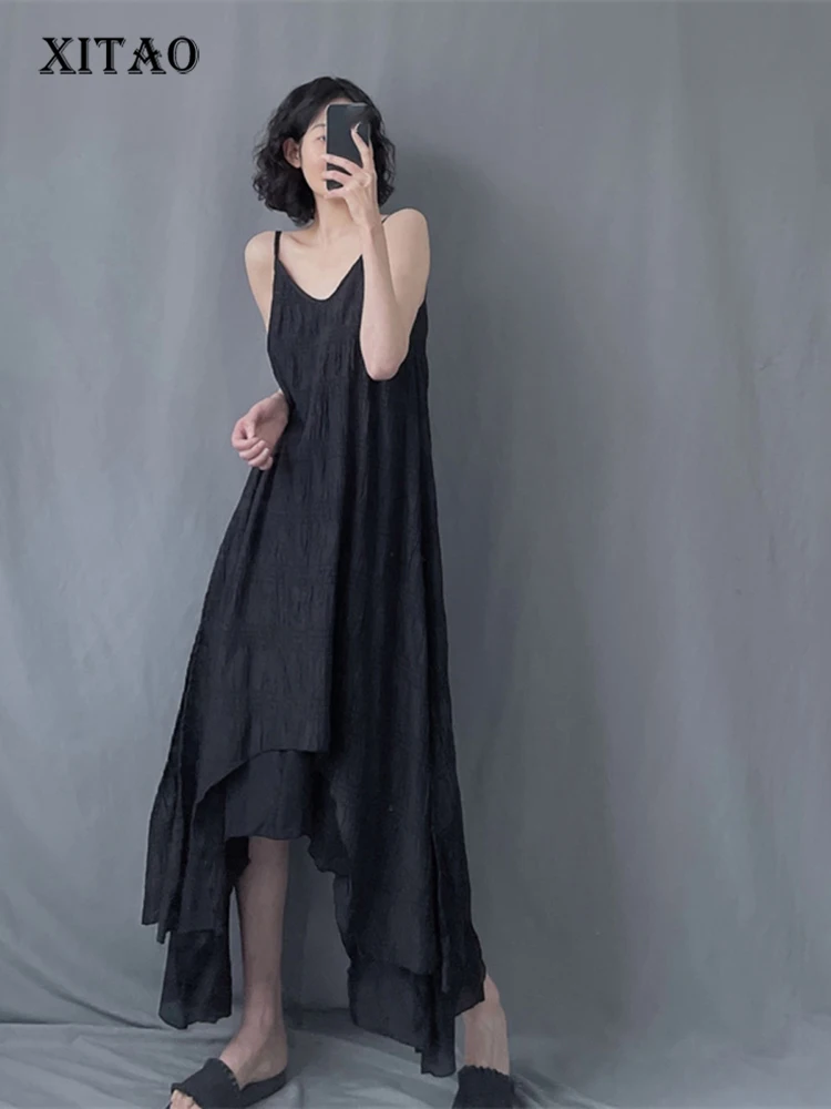 

Женское платье на бретелях XITAO, однотонное Повседневное платье без рукавов с асимметричными складками, модель WLD11756 на лето