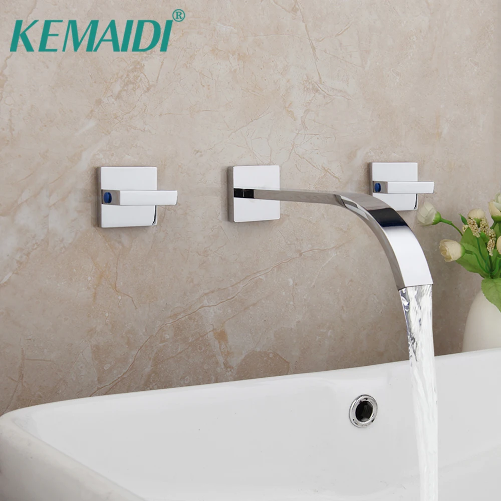 KEMAIDI Chrome Polish Bathroom Bathtub Faucet Washbasin Filler Brass Double Handles 3pcs Mixer Stream Spray Tap