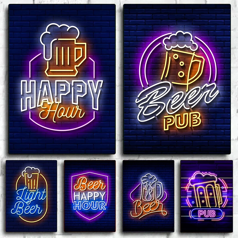 

Neon Effect Beer Happy Hour Pub Poster Print Canvas Painting Wall Art Picture For Bar Living Room Home Decoration NO LED