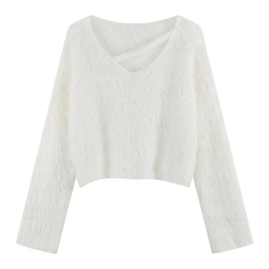 

Белые корейские свитера из искусственного меха на осень и зиму, Пушистый Плюшевый короткий Свободный пуловер с высокой талией в Корейском стиле, куртка, свитер, верхняя одежда