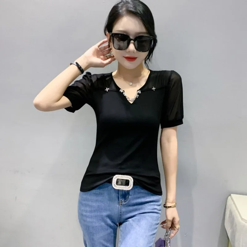 

#5206 Сетчатая футболка с пышными короткими рукавами, женская черная/белая/синяя/зеленая облегающая футболка, тонкая сексуальная Базовая жен...