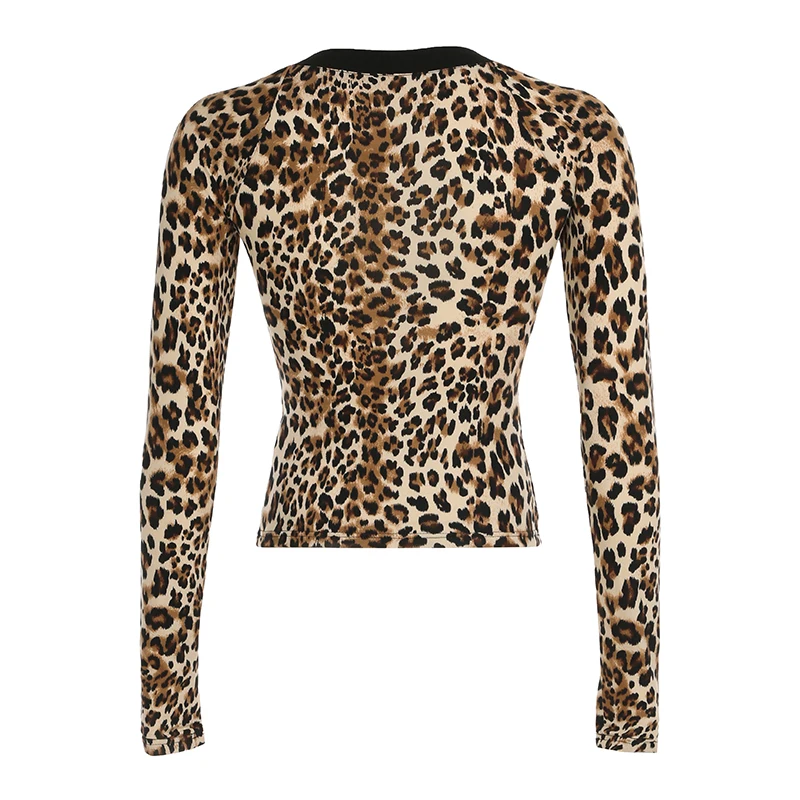 IAMHOTTY Футболка С Леопардовым Принтом Женский Облегающий Топ Длинными Рукавами И