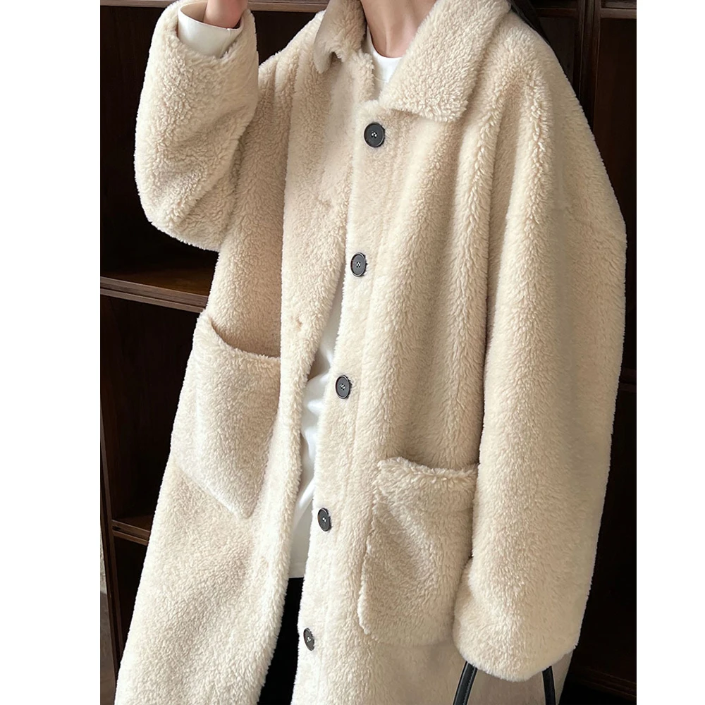 Новинка 2024 женское теплое меховое пальто плотное длинное из овечьей шерсти с