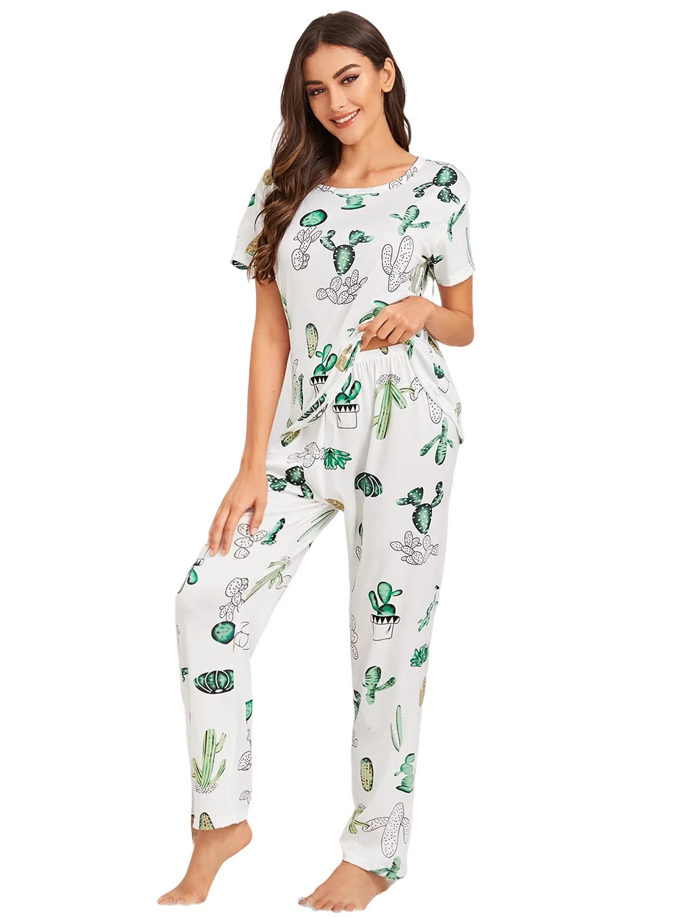 Women's Pajama Set Short Sleeves with Cute Prints Cactus Relaxed Fit Comfort Short Sleeve Homewear Ladies Tender Casual Wear