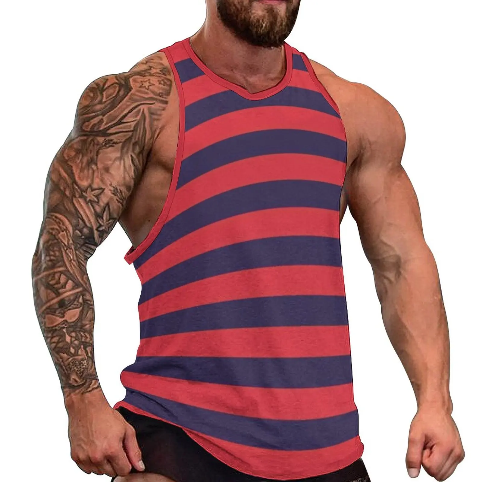 

Horizontal Striped Tank Top Men Navy Blue Stripes Print Muscle Tops Summer Bodybuilding Sleeveless Vests Plus Size 4XL 5XL