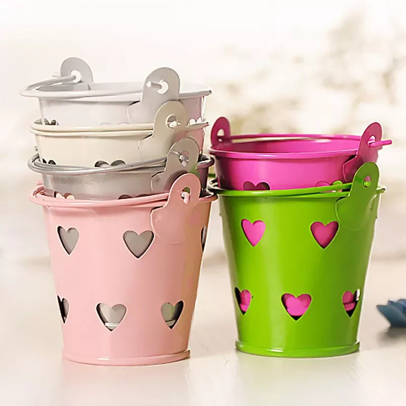 

Hollow Out Heart Potted Tinplate Wedding Supplies Candy-colored Tin Bucket Mini Iron Bucket Wholesale Garden Pots Plant